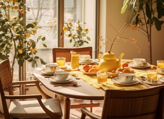 Sticker -  a table is set with plates, cups, and a pitcher of oranges and a pitcher of orange juice.