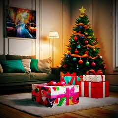 Christmas Tree Present Gift Festive christmas tree. A cozy holiday scene with a beautifully decorated Christmas tree, presents, fireplace, and comfortable seating