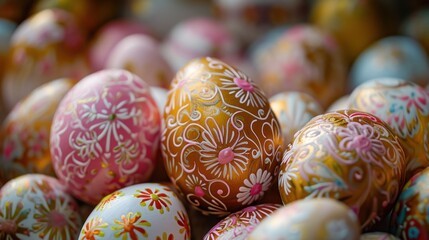 Poster -  a pile of colorfully painted eggs sitting on top of a pile of other colored eggs in a pile next to each other.