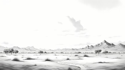 Poster - Black ink sketch of a serene desert landscape on a clean white canvas, showcasing minimalism to express the vastness and calmness of the environment