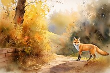 Watercolor Painting Of A Fox On A Nature Trail During Autumn Season. Generative AI