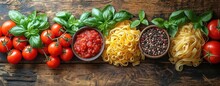 Food Background. Italian Food Background With Pasta, Ravioli, Tomatoes, Olives And Basil