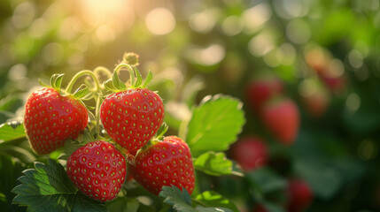 Wall Mural - Fresh tasty ripe red strawberries growing on strawberry farm