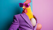 Colorful chicken in a suit laying eggs, quirky and fun image perfect for creative advertising