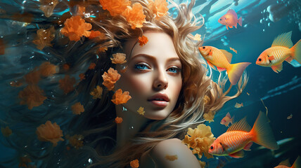 Wall Mural - Beautiful young woman with fish in the water