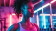 Focused Female Athlete in Neon Lights at Gym. Generative ai