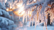 Icicles hanging from tree covered in snow. Perfect for winter-themed designs and nature illustrations