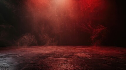 Sticker - The dark stage shows, dark red background, an empty dark scene, neon light, and spotlights The concrete floor and studio room with smoke float up the interior texture for display products