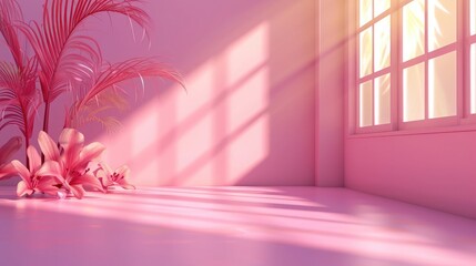 Abstract pink color gradient studio background for product presentation. Empty room with shadows of window and flowers and palm leaves