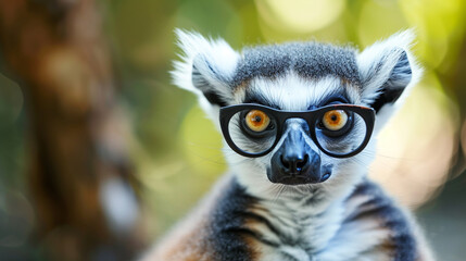 Wall Mural - cute funny Lemur Catta, closeup with glasses. Ai Generative