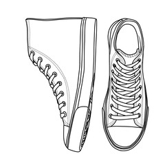 Technical sketch drawing of Mens High Top Sneakers Line art, suitable for your custom sneakers Shoes design, outline vector doodle illustration, side and top view isolated on white background