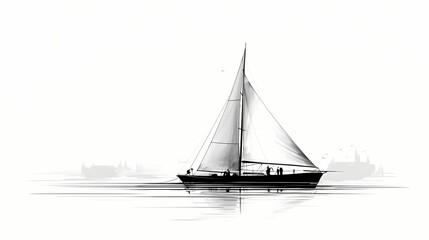 Wall Mural - Contemporary black and white line drawing of a sailboat, emphasizing the simplicity and elegance of nautical design