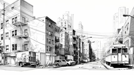 Sticker - Contemporary black and white line drawing of an urban street scene, capturing the essence of modern city life with clean architectural lines