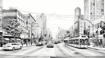 Wall Mural - Contemporary black and white line drawing of an urban street scene, capturing the essence of modern city life with clean architectural lines