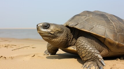 Majestic sea turtle resting on sandy beach against beautiful blue ocean backdrop