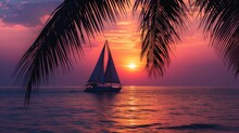 Sunset View With Silhouette Of Sailboat On Beach And Palm Coconut Tree