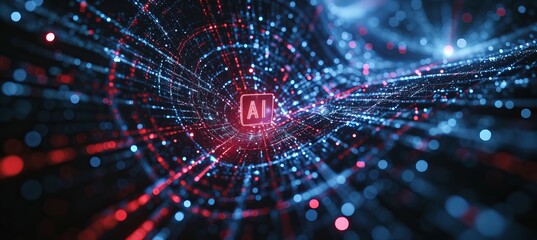 Artificial intelligence concept icon with digital heartbeat line and blurred background
