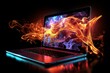 Intense fiery laptop with billowing dark grey smoke in realistic 70 percent of image