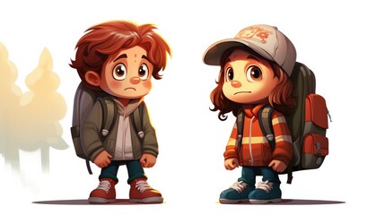 Poster - Two vector cartoon kids with backpacks, waiting for the school bus.