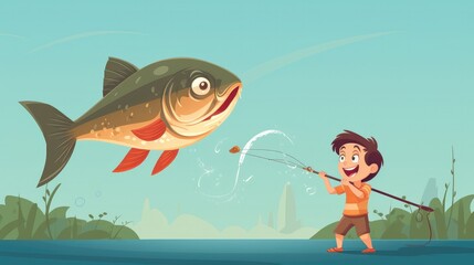 Canvas Print - A vector cartoon kid with a fishing rod, trying to catch a big fish.