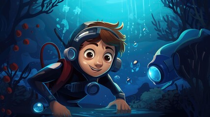 Sticker - A vector cartoon kid in scuba gear, exploring underwater.