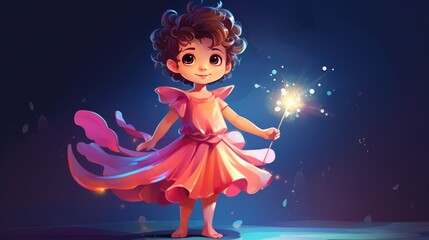 Canvas Print - A vector cartoon kid in a fairy costume, with a magic wand.