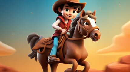 Poster - A 3D cartoon kid dressed as a cowboy, riding an immensely tall toy horse.