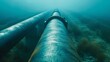 Underwater oil and gas pipeline infrastructure in blue ocean, subsea equipment on sea bottom