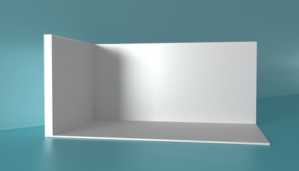3D exhibition booth. Showroom. Square corner. Empty geometric square. Blank box template. White blank exhibition stand. Presentation event room.
