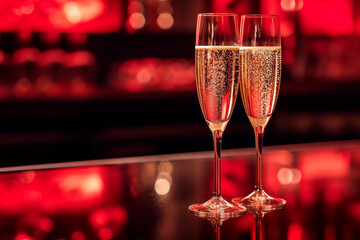 Wall Mural - Two glasses of champagne with bubbles on a bar counter, dark pink background with bokeh. Valentines Day romantic dating  concept. 