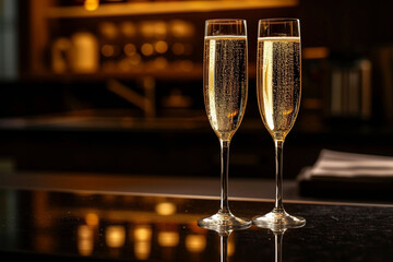 Wall Mural - Two glasses of champagne with bubbles on a bar counter, dark background with bokeh.