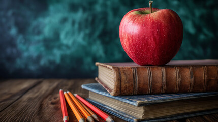 Wall Mural - Red Apple on Top of a Pile of Books