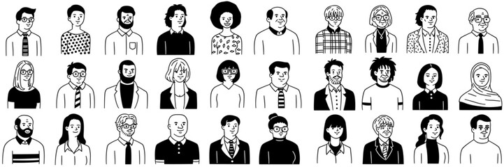 Wall Mural - Vector illustration portrait of various people, diversity, multiethnic, race, and different. outline, linear, thin line art, hand drawn sketch, doodle. Big set. 
