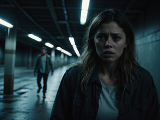 A woman and a man are in a dark underground parking garage. The woman looking worried, and the man is in the background, looking aggressive. There are a few lights on, but the overall mood is dark.