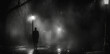 A noir-inspired cinematic scene with a detective discreetly following a suspect at night. The setting is an urban landscape, dimly lit by street lamps. Tension and mystery of surveillance.