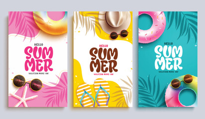 Wall Mural - Summer hello poster vector set design. Hello summer text greeting with floaters, hat, flipflop and starfish beach elements for tropical season template collection. Vector illustration summer greeting 