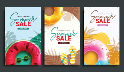Summer sale vector poster set design. Summer limited time discount price offer with beach elements for tropical season shopping banner collection. Vector illustration summer sale collection.
