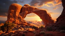Majestic Desert Arch Illuminated By The Soft Light Of Dawn, Framing A Timeless And Awe-inspiring Scene