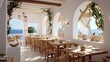 Mediterranean restaurant with whitewashed walls, wooden furniture, and a breezy seaside vibe