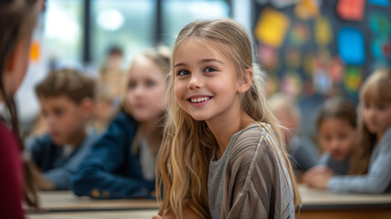 Sticker - Young Girl Smiling in Front of a Group of Children at an Education Event