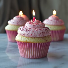 A birthday cupcake with candle and pink frosting. 