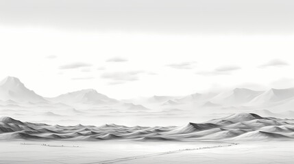 Poster - Minimalistic black and white drawing of a tranquil desert, utilizing fine ink lines to capture the essence of simplicity and vastness
