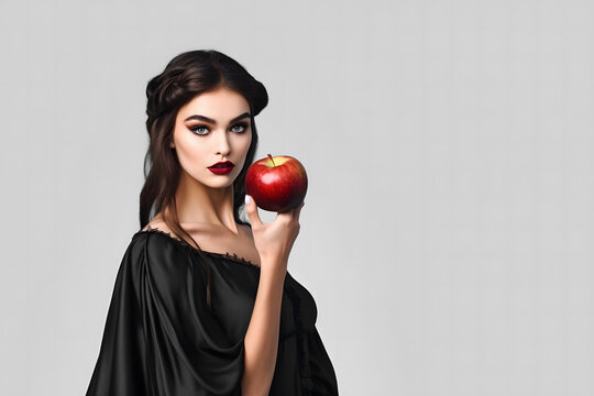 Halloween girl, mysterious figure in a dark. woman is holding a bright red apple close to their face, creating an eerie mood