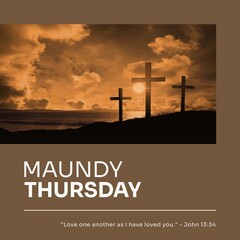 Wall Mural - Composition of maundy thursday text over crosses and sky with sun and clouds