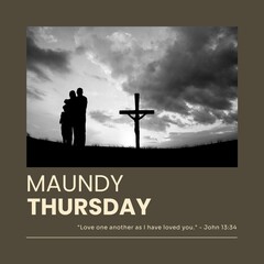 Wall Mural - Composition of maundy thursday text over cross, family silhouettes and sky