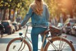 A stylish woman confidently rides her bicycle through the bustling streets, her flowy clothing fluttering in the wind as she grips the handlebars and pedals towards her destination on the sleek two-w