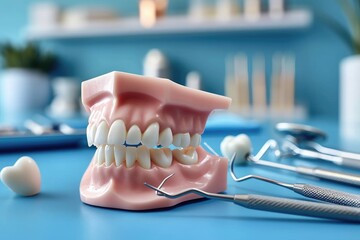 An intricate display of dental instruments and pristine teeth set against a cool blue backdrop evokes a sense of precision and care in the world of dentistry