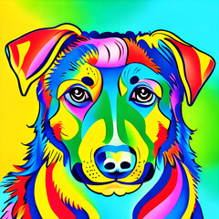 Wall Mural - psychedelic bright neon colorful rainbow cartoon art of a golden retriever / labrador lab dog