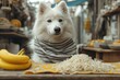 A beloved pet dog enjoying a cozy indoor meal with style, donning a scarf around the table