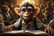 A curious cartoon monkey delves into the world of literature, donning a human face and indoor clothing as it sits at a desk, personifying the power of imagination